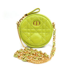 Auth Christian Dior CARA Round Pouch Coin Purse Case Yellow Green/Gold - h30170f