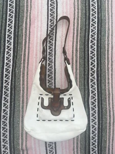 True Vintage Tasche weiß braun Leder Schultertasche Fronttasche Beutel 70er - Bild 1 von 19