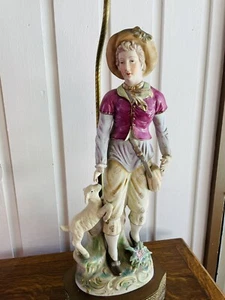 LARGE FRENCH BISQUE SHEPHERD LAMB BISQUE LAMP BRASS BASE PERFECT - Picture 1 of 5