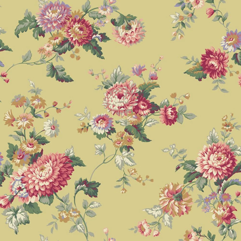 Papel Pintado Tradicional Rojo Floral Vid sobre Amarillo Verde Metálico Plata, 60 pies cuadrados Foto 1 de 1