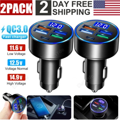 Cargador de coche enchufe automático rápido de 5 puertos USB tipo C pantalla de voltaje para iPhone Samsung Foto 1 de 4