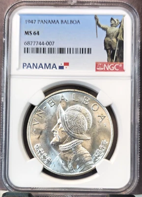 1947 PANAMA SILVER 1 BALBOA VASCO NUNEZ DE BALBOA NGC MS 64 SCARCE BRIGHT BU - Image 1 of 3