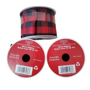 (3) Red & Black Wired Ribbon Gingham Plaid Tartan 2.5" x 20' - Picture 1 of 3