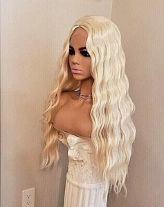 Light Blonde Lace Front Wig  - Human Hair Blend Silver White Long Wavy Curly - Picture 1 of 10