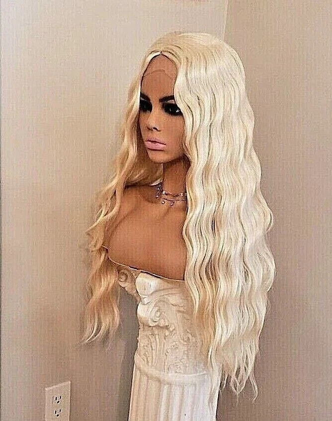 Peluca Frontal de Encaje Rubio Claro - Mezcla de Cabello Humano Plateado Blanco Largo Ondulado Rizado Foto 1 de 4