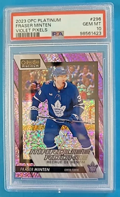 2023-24 Fraser Minten OPC O-PEE-CHEE Platinum VIOLET PIXELS 296 Rookie RC PSA 10 - Image 1 of 3