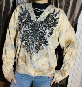 Women's Affliction Hooded Sweatshirt Wings Print Rhinestones Lace Up - Picture 1 of 11