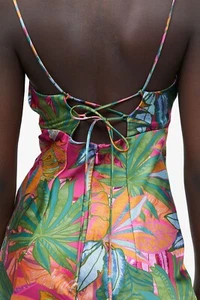 H&M Muster Satinkleid Tropisch Midi Blumenmuster Blatt Rosa Neon L Groß 12 8 - Bild 1 von 7