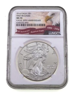 2016 S$1 Silver American Eagle Valutato Da NGC Come MS70 Prime Uscite 30° Ann. - Immagine 1 di 4