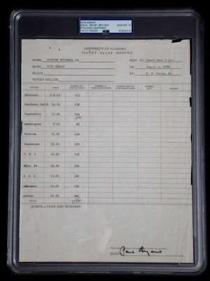 PAUL BEAR BRYANT FIRMADO PSA/ADN GRADO 10 GEMA AUTÓGRAFO DOCUMENTO DE FÚTBOL ALABAMA Foto 1 de 4