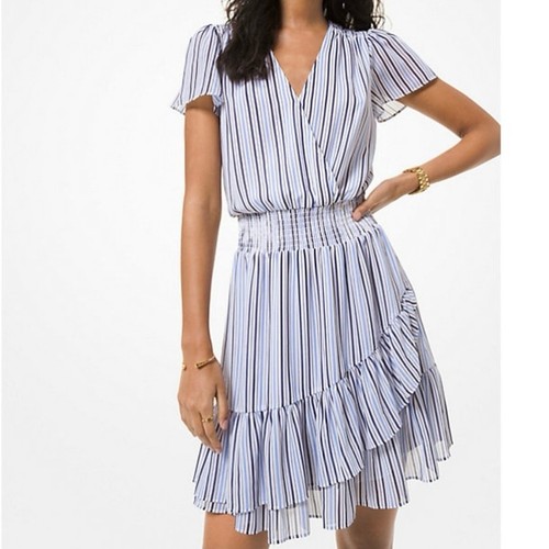 Mini abito Michael Kors a righe georgette orlo increspato blu navy bianco taglia L