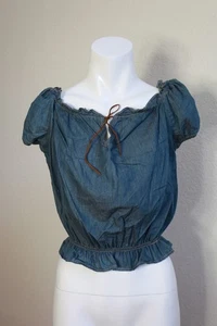 Bebe XS Blau Denim Baumwolle Chambray Bauern Top Shirt Bluse Neu - Bild 1 von 6