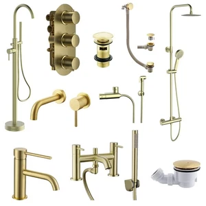 Brushed Brass Modern Round Bathroom Basin, Bath Taps & Thermostatic Shower Kits - Picture 1 of 83