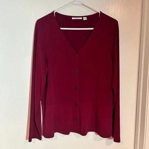 Susan Graver Liquid Knit Button-Front Peplum Top large - Picture 1 of 5
