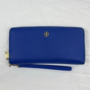 Tory Burch Robinson Continental Leather Zip Wallet Wristlet Cobalt Blue - Picture 1 of 8