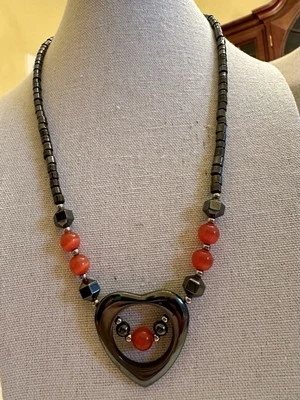 Hematite Heart Necklace Black Light Red Magnetic 17 Inches - Image 1 of 4