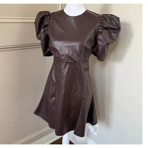 Karlie Puff Sleeve Faux Leather Mini Dress Women’s Size S Brown Short Sleeve - Picture 1 of 5
