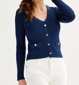 Draper James Ribbed V Neck Cardigan Gr. XS Slim Fit Cropped Gold Button Navy Blue - Bild 1 von 9