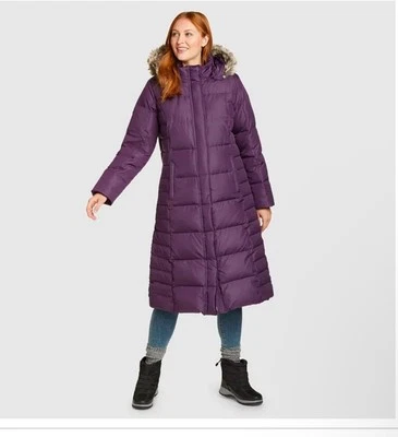 Abrigo largo acolchado de piel sintética con capucha Eddie Bauer para mujer talla PS Foto 1 de 4