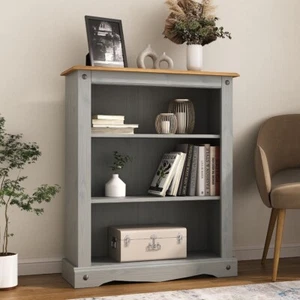 Corona Bookcase Grey Wax Small 3 Shelf Unit Solid Pine Storage Living Room Waxed - Picture 1 of 5