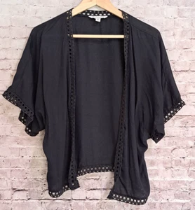 AEO American Eagle Open Front Kimono Cardigan Top Black Rayon Crochet Trim XS/S - Picture 1 of 6