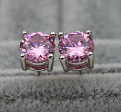 New Silver White Gold Filled 4 Prong Box Set 7mm Round Pink CZ Stud Earrings - Image 1 of 4
