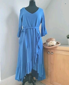 SOFT SURROUNDINGS Maxi Dress L Blue Ruffle Sleeve Tie Belt Pockets Hi Low Hem - Picture 1 of 12