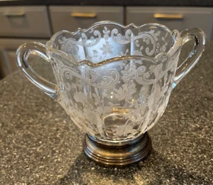 CAMBRIDGE CHANTILLY ETCHED CRYSTAL SUGAR BOWL w/ STERLING BASE, Handles - Picture 1 of 5