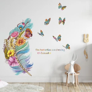 Removable Wall Decal Stickers Colourful Floral Feathers Butterfly Wall Decor AU - Picture 1 of 7