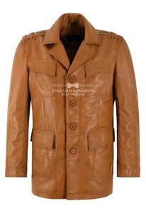 SAFARI Para hombres Chaqueta Abrigo de Cuero Tostado Diseñador de Moda Abrigo de Cuero de Cordero Real - Imagen 1 de 8