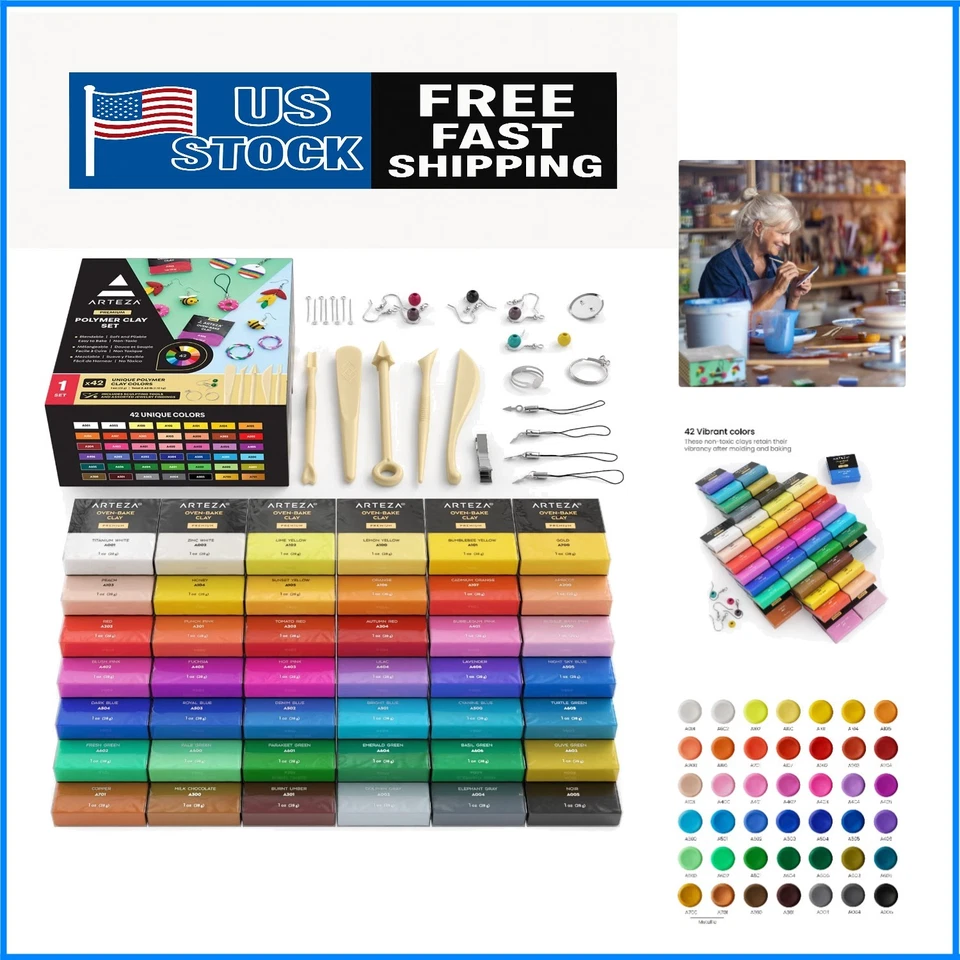 Polymer Clay Starter Kit 42 Colors of Oven-bake Blocks 5 Sculpting Tools