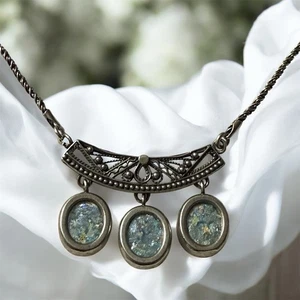 Antike römische Glas Sterling Silber 3 Steine filigran Halskette - Bild 1 von 3