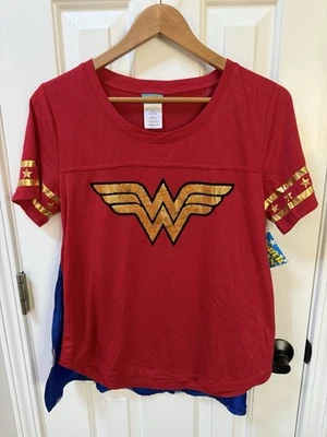 NWT WONDER Woman DC Comics Tee With Stars Cape Halloween Costume Junior Large - Image 1 of 4