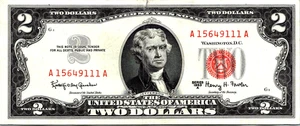 1963-A $2 "RED SEAL" Legal Tender VF-CVF Fr. 1514 - Picture 1 of 3