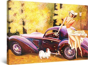Burgundy Retro Car Dog and Woman 90x60cm Framed Premium Quality Wall Art Print - Picture 1 of 3