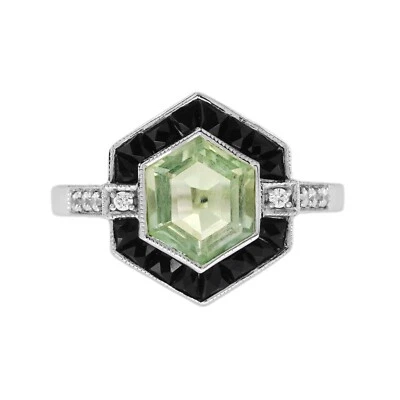 Anillo hexagonal estilo Art Deco diamante amatista verde ónix oro blanco 14K Foto 1 de 4
