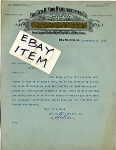 1913 Membrete Des Moines Iowa George M King Mfg. LIGHTNING RODS Baird Farrand - Imagen 1 de 1