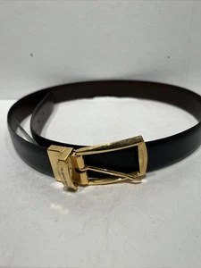 Men’s 34 Geoffrey Beene Italy Leather Belt Reversible Brown Black Gold Hardware - Picture 1 of 7