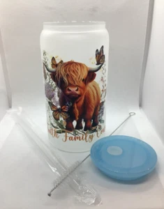 HIGHLAND COWS GLASS CAN 16 OZ TUMBLER NEW PLASTIC STRAW ACRYLIC LID GIFT FROSTED - Picture 1 of 1