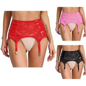 Women's Garter Belt Lace Suspender Ladies Miniskirt Wet Look With 6 Metal Clips - Picture 1 of 48