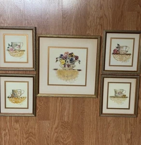 Signed Lot of 5 Sandy Lyman Clough Teacups Tea Cups Floral Framed Matted Prints - Picture 1 of 14