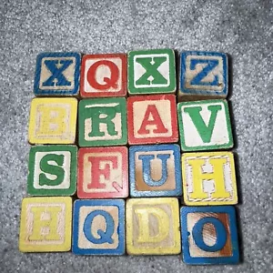 Vintage Lot of 16 Wood Alphabet Building Blocks Children's Wooden 1 1/4” Wide - Picture 1 of 4