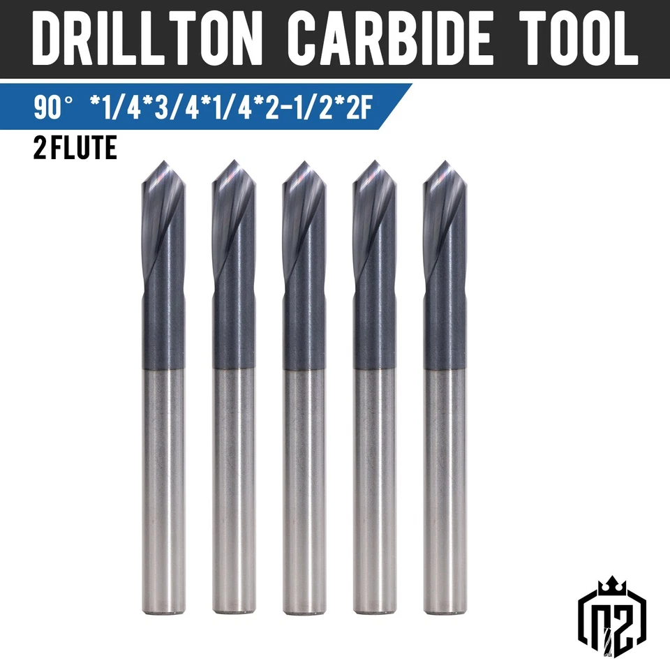 5 шт. 2 флейты 1/4 дюйма x 3/4 дюйма x 2-1/2 дюйма 90 градусов твердосплавная точечная дрель - с покрытием AlTiN - Изображение 1 из 4