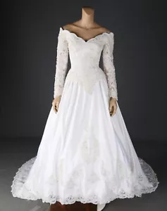 Unbranded Vintage 80s 90s White Satin &Alencon Lace Wedding Dress sz 10 - Picture 1 of 7
