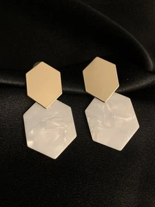 Hexagon White Marble Print Geometric Statement Dangle Drop Earrings For Her - Picture 1 of 5