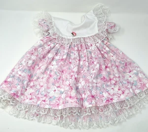 Vintage USA Made Girls Smocked Baby Girl Dress 2T Pink Flowers Lace Ruffles - Picture 1 of 5
