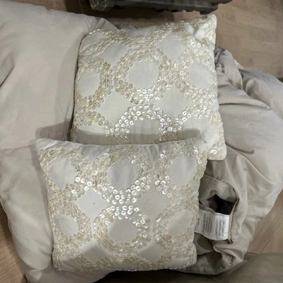 Two Square Pillows  Beige 11”x11” Cotton Mother Of Pearl Sequence - Elegance - Image 1 of 4