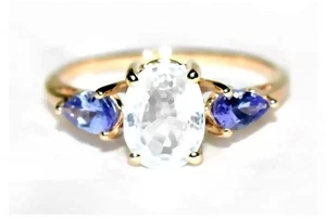 AA Tanzanite Ring & Singida Tanzanian Ice Zircon Solid 9ct Gold Ring Size L6 COA - Picture 1 of 10