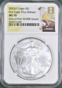 2025 (P) $1 American Silver Eagle NGC MS 70 First 50,000 Issued- Eagle Privy - Picture 1 of 8