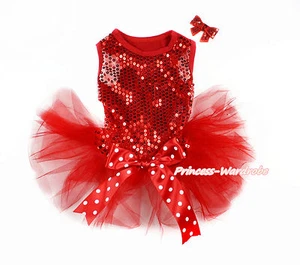 Hot Red Sparkle Sequins Minnie Bow Gauze Skirt Sleeveless Dress Pet Dog Outfit - Picture 1 of 3